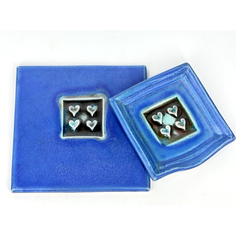 Michael Cohen Art Pottery Tile Trivet Trinket Dish Set of 2 Hearts Cobalt Blue